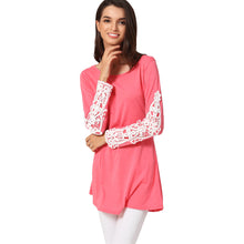 Women T-Shirt Crochet Lace Splicing Womens Tops Fashion O Neck Long Sleeve Casual Long Plus Size Top Pullover Black Tee