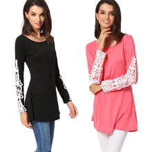 Women T-Shirt Crochet Lace Splicing Womens Tops Fashion O Neck Long Sleeve Casual Long Plus Size Top Pullover Black Tee