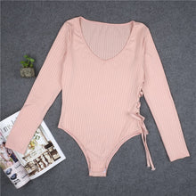 Women's Sexy Knitted Bodysuit Top Side Lace Up Body Top Long Sleeve Bodycon Romper Women Bodysuit