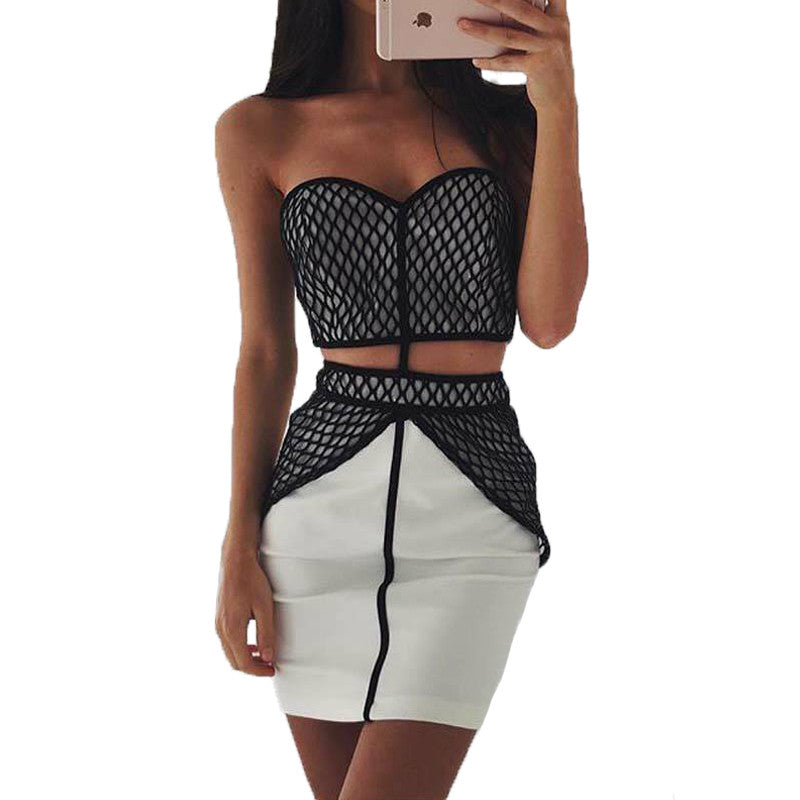 Womens Dress Sexy Strapless Bodycon Dress Waist Cut Robe Femme Mesh Hollow Out Bandage Dress Beach